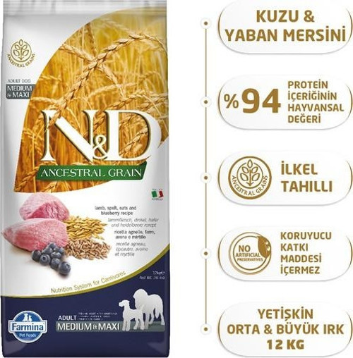 Düşük Tahıllı Kuzu Etli Orta ve Büyük Irk Yetişkin Köpek Maması 12 Kg