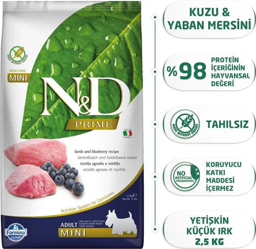Kuzu Etli Yaban Mersini Tahılsız Yetişkin Mini Irk 2.5 Kg Köpek Maması