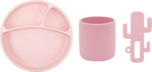 3 Lü Silikon Beslenme Seti ( Silikon Tabak + Silikon Bardak+ Silikon Kaktüs Diş Kaşıyıcı) Pembe