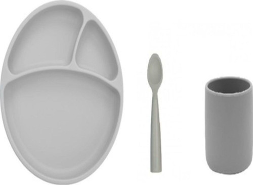 Silikon Yemek Seti Gri - Tabak + Kaşık + Bardak