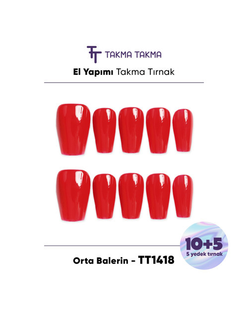 15'li Kırmızı Orta Balerin TT1418 Tekrar Kullanılabilir El Yapımı Protez Takma Tırnak Kırmızı-XS