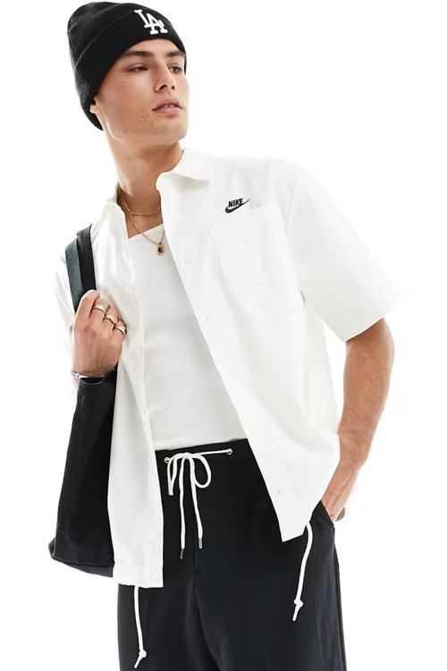 Club Woven Loose Fit Short Sleeve Shirt in White Erkek Bol Kesim Dokuma Kısa Kollu Spor Gömlek Beyaz