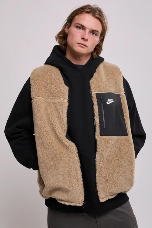 Sporswear Club Fleece Winterized Reversible Sythetic Fill Full-Zip Çift Traflı Erkek Bol Kesim Peluş Sentetik Dolgu Yelek Kahve-Siyah
