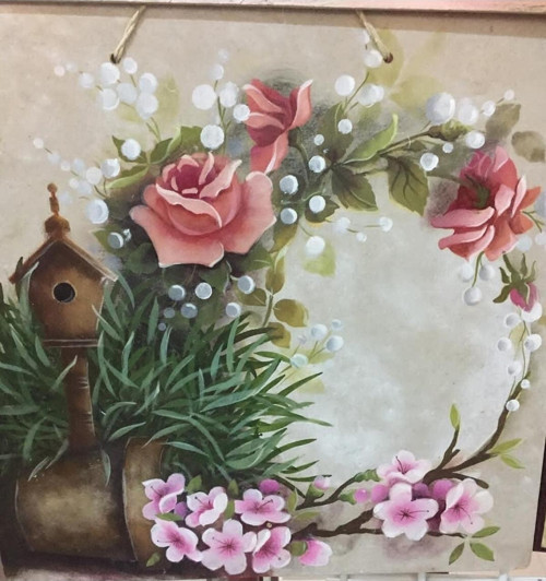 Çiçek Desenli Ahşap Kapısüsü Tablo 30x30cm