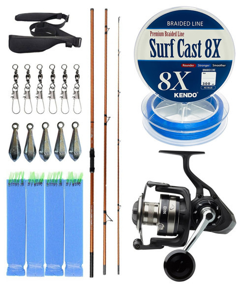 YekOutdoor Profesyonel Olta Seti Okuma Trio Rex Surf 450cm 120-250 gr 3 Parça Surf Kamışı&Savage Gear SGS8 8000 FD 8+1BB