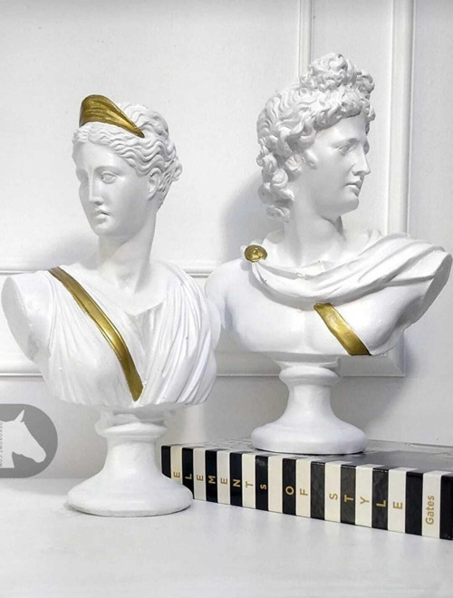 Dekoratif Apollo Diana Set Beyaz Altınheykel Biblo Büst