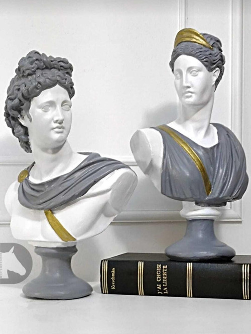 Dekoratif Apollo Diana Set Koyu Gri Beyaz Heykel Biblo Büst