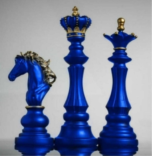 Dekoratif Üçlü Satranç Şah Vezir Mat Takım Biblo Heykel -royal Mavi