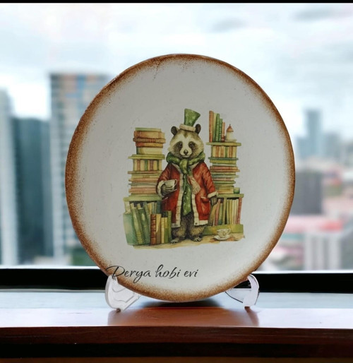 Dekoratif Yılbaşı Seramik Panda Desenli Tabak Obje