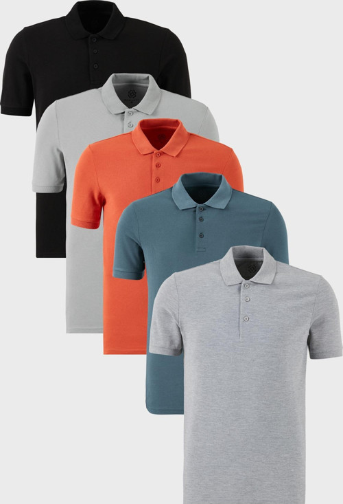 Pamuklu Regular Fit Düğmeli Polo Yaka 5'li Paket Erkek T Shirt 5902127S5 Siyah-Gri Melanj-Tarçın-Kül-Petrol