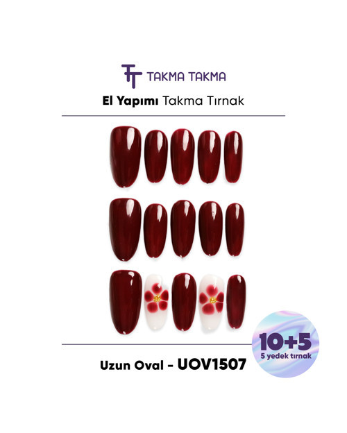 15'li Uzun Oval UOV1507 Tekrar Kullanılabilir El Yapımı Protez Takma Tırnak Kahverengi-M