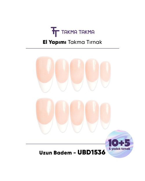 15'li Ten Rengi Uzun Badem UBDK1536FK Tekrar Kullanılabilir El Yapımı Protez Takma Tırnak Ten Rengi-L