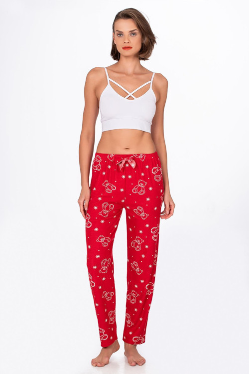Kadın Süet Kırmızı Ayıcık Desenli Pijama Tek Alt