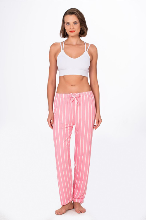 Kadın Süet Pembe Çizgili Pijama Tek Alt
