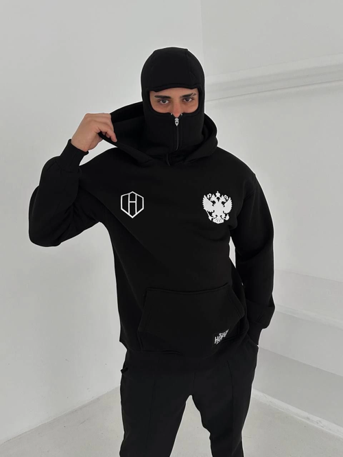 VF-Samuray Ninja Çift Kapşonlu ZIP Fermuarlı Kanguru Çepli Tam Fermuarlı Hoodie ön ve Arka Baskılı Maske Detaylı sweatshirt - Siyah