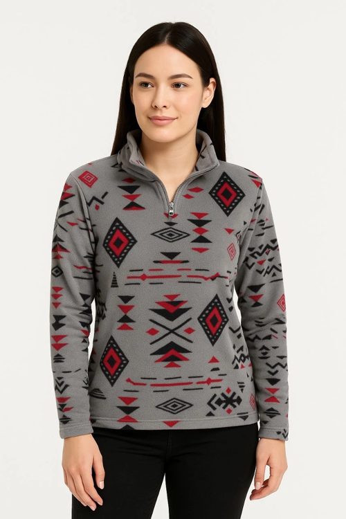 VF-Yarım Fermuarlı Desenli Polar Sweat Tribal Etnik Desen Yakalı, Uzun Kollu, Oversize Rahat Kalıp - Füme -