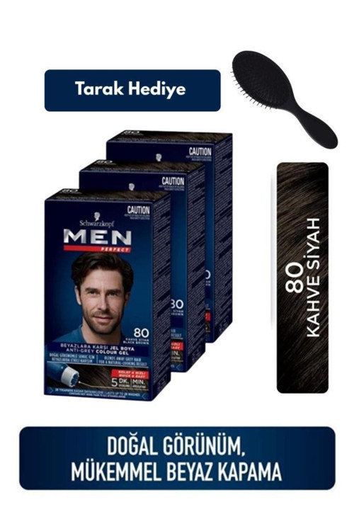 Men Perfect 80 Kahve Siyah Erkek Saç Boyası 3’lü Set + Tarak Hediyeli