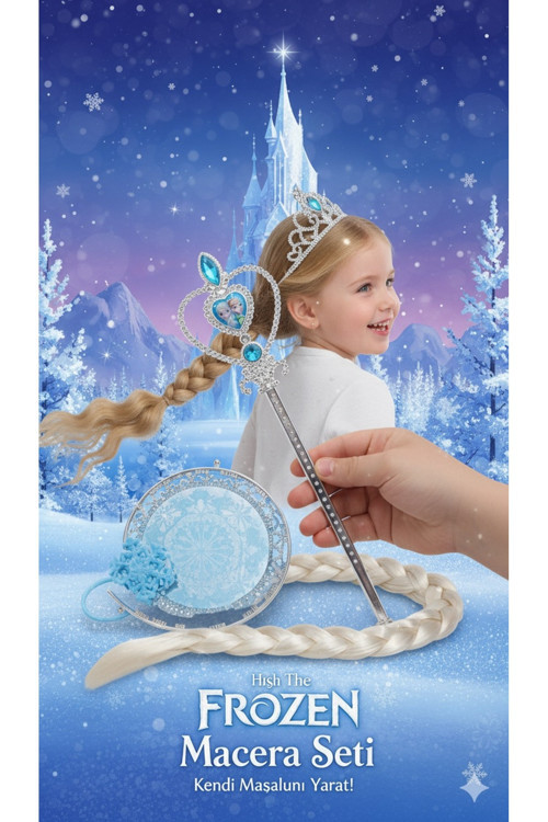 Frozen Elsa Tac Asa Örgü Saçlı Prenses Seti – Kız Çocuk Kostüm Aksesuarı 3’Lü Takım