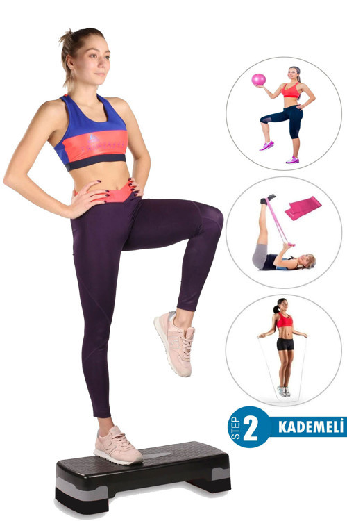 2 Kademeli Kaymaz Taban Fitness Egzersiz Step Tahtası + Denge Topu + Pilates Bandı + Atlama İpi