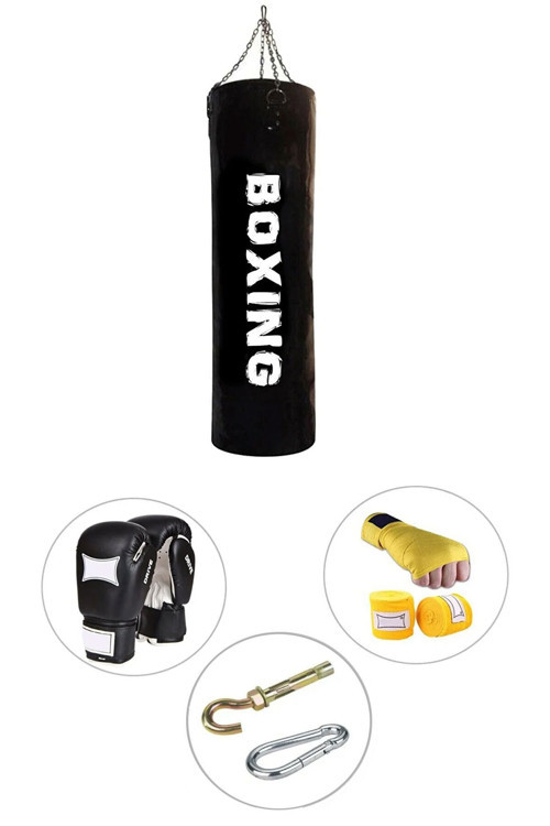 120 Cm X 35 Cm Siyah Boks Torbası + Boks Eldiveni + Boks Bandajı + Askı Aparatı - 4' Lü Set - Dolu
