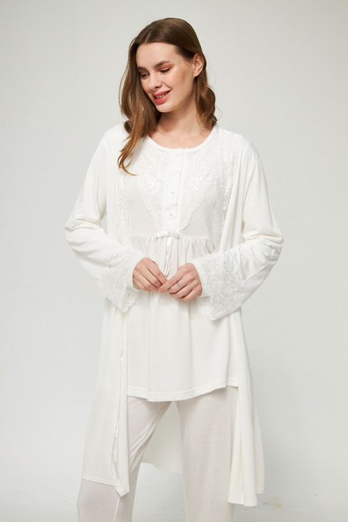 Ekru Kadın Uzun Kollu Hamile ve Lohusa Pijama Takımı 3'lü Set - M
