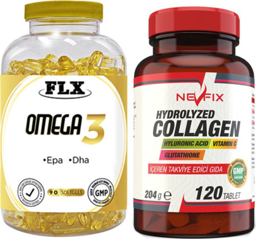 Omega 3 Balık Yağı 90 Softgel & Nevfix Collagen Hyluronic Acid Vitamin C Glutathione 120 Tablet