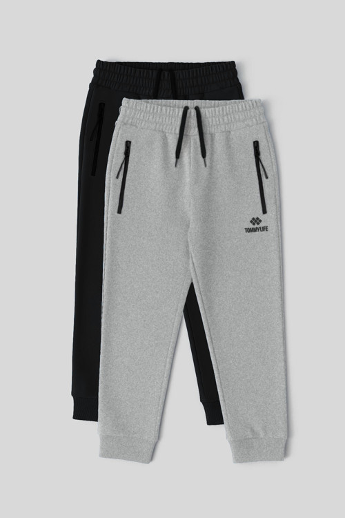 Standart Fit Basic 2li Paket Siyah-Gri Melanj Erkek Çocuk Eşofman Alt - 64042