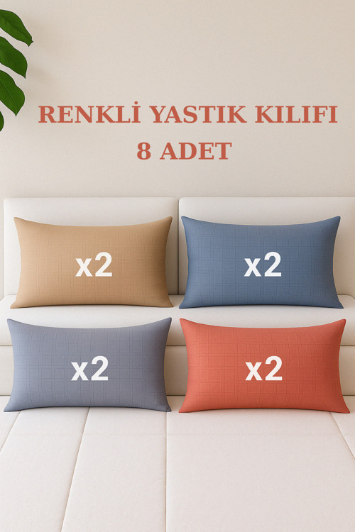 8 Adet Kapaklı 4 Farklı Renk Yastık Kılıfı