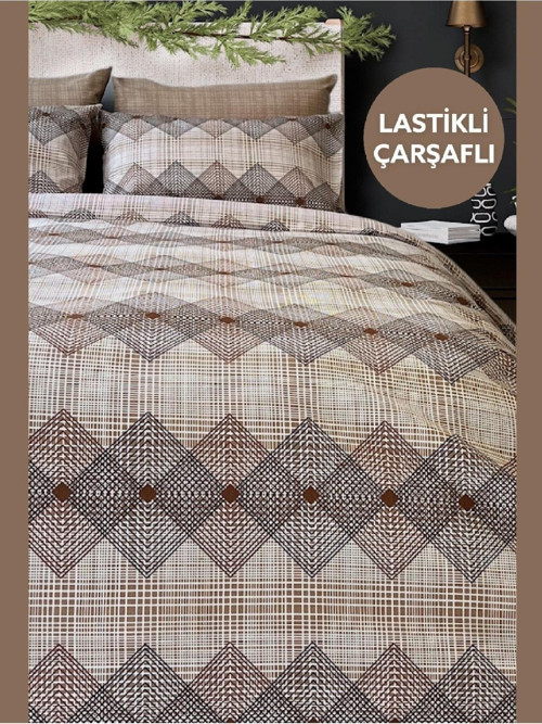 Tek Kişilik Ranforce Nevresim Takımı Lastikli Çarşaflı Dıamond S.Kahve