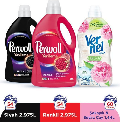 Sıvı Çamaşır Deterjanı 2 x 2.97 (108 Yıkama) Siyah+Renkli+Vernel Max 1440ml Şakayık