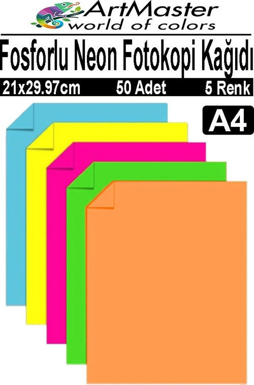 Fosforlu Neon Renkli A4 Fotokopi Kağıdı 50 Adet 1 Paket 21x29.7 cm Fosforlu 5 Renk Parlak Canlı Renkler Neon Fotokopi