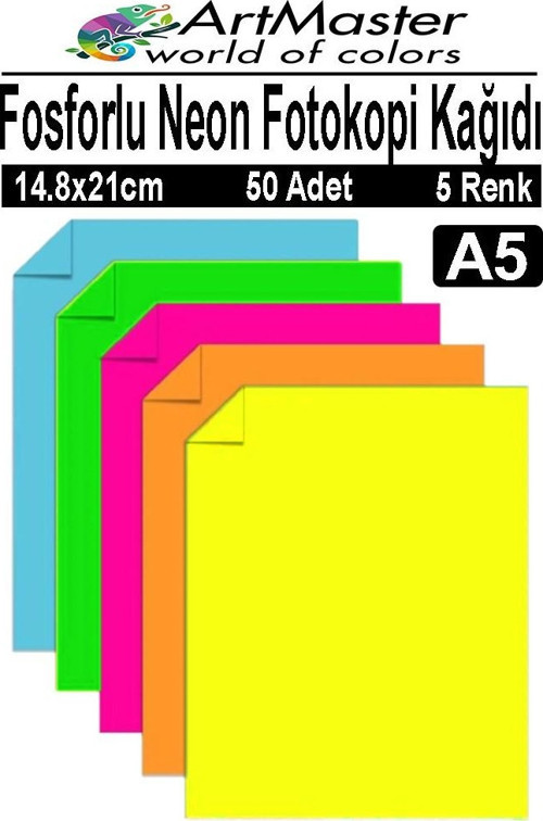Fosforlu Neon Renkli A5 Fotokopi Kağıdı 50 Adet 1 Paket 14.8x21 cm Fosforlu 5 Renk Parlak Canlı Renkler Neon Fotokopi