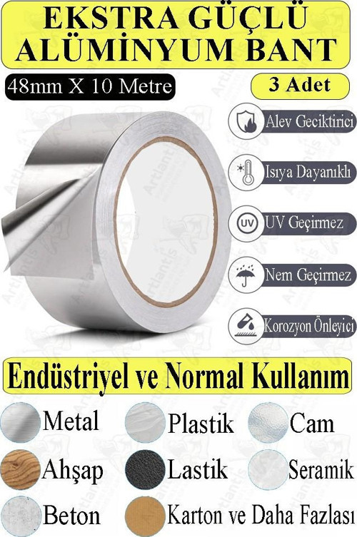 Alüminyum Bant 10 Metre 3 Paket Aliminyum Folyo Yapışkanlı Band Aspiratör Soba Borusu Tamir Sıcaklığa Dayanıklı Yanmaz