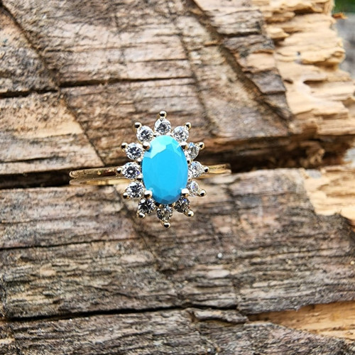 Gümüş Yüzük - 1.05 CT Firuze 0.30 CT Swarovski Taşlı Anturajlı Vintage Tasarım 925 Ayar Gümüş Yüzük