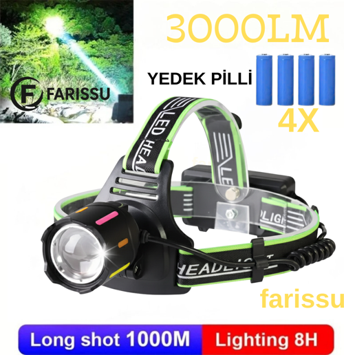 30W Ultra Güçlü LED Kafa Lambası (4 Adet Pilli - Yedek Bataryalı Set) - 3000 Lümen 1000m Menzil