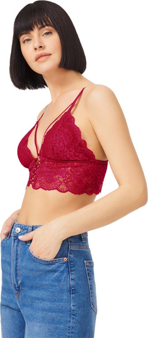 Bordo Dantelli İnce Askılı Kaplı Üçgen Kadın Bralet Büstiyer