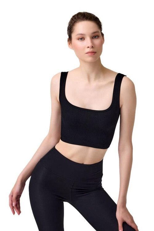 Premium - Kadın Siyah Seamless Orta Boy Kare Yaka Crop Top Büstiyer