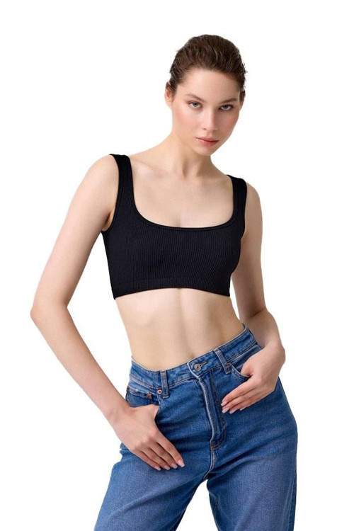 Premium - Kadın Siyah Seamless Kare Yaka Crop Top Büstiyer