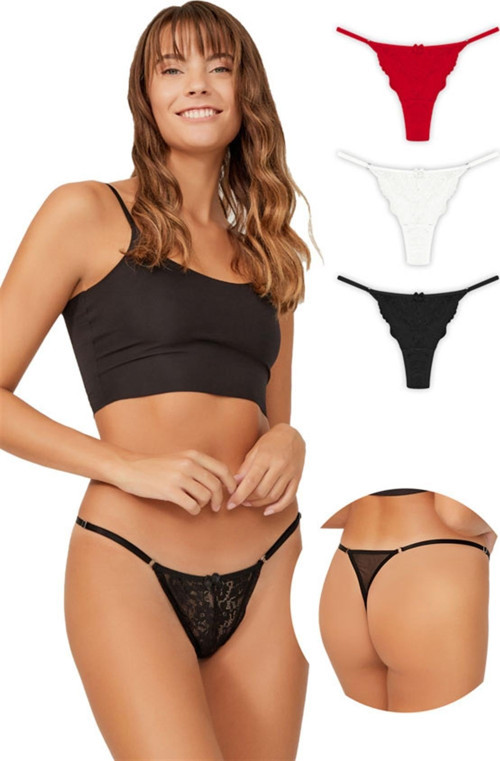Önü Dantelli Tül Detaylı Kadın Tanga 3'lü Paket Külot - 2