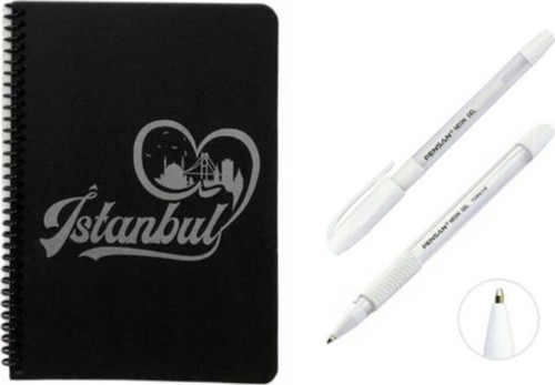 Kapak Desenli Siyah Defter Siyah Yapraklı Defter - Siyah Sayfalı Defter Beyaz Jel Kalem