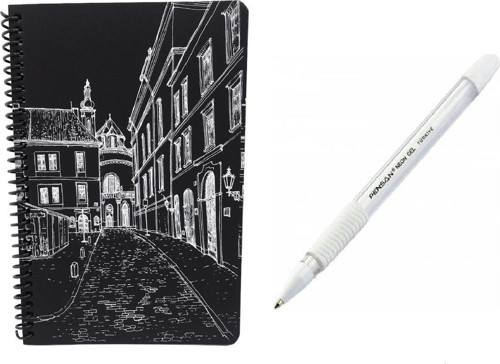 Kapak Desenli Siyah Defter Siyah Yapraklı Defter - Siyah Sayfalı Defter Beyaz Jel Kalem Side