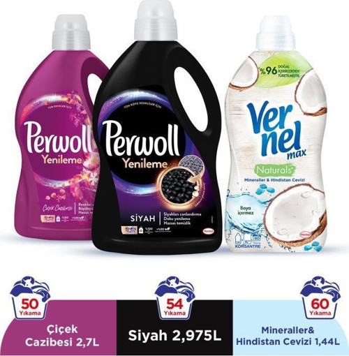 Sıvı Çamaşır Deterjanı 2x3L (95 Yıkama) Siyah+Çiçek Cazibesi+Vernel Max 1440ml H.cevizi