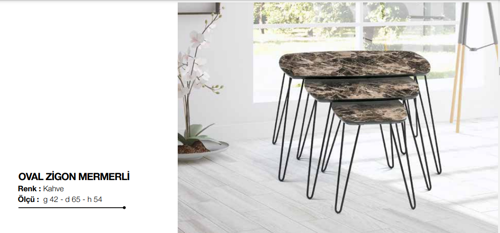 Zigon OSM 11775 Oval sehpa Parlak Ahşap Mermer Desen Kahve Mdf tabla Metal V ayak