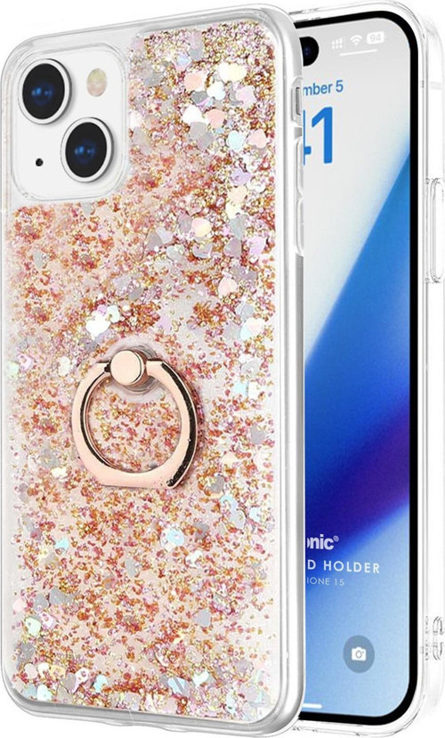 Apple iPhone 15 Kılıf Glitter Liquid Holder Gold