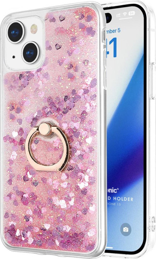 Apple iPhone 15 Kılıf Glitter Liquid Holder Pembe