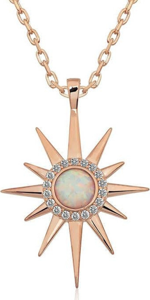 925 Ayar Gümüş Rose Beyaz Opal Taşlı Kutup Yıldızı Kolye