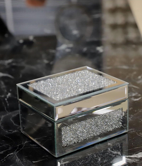 Crystaldust Aynalı Mücevher Kutusu Takı Kutusu Gümüş 15x12x9 cm