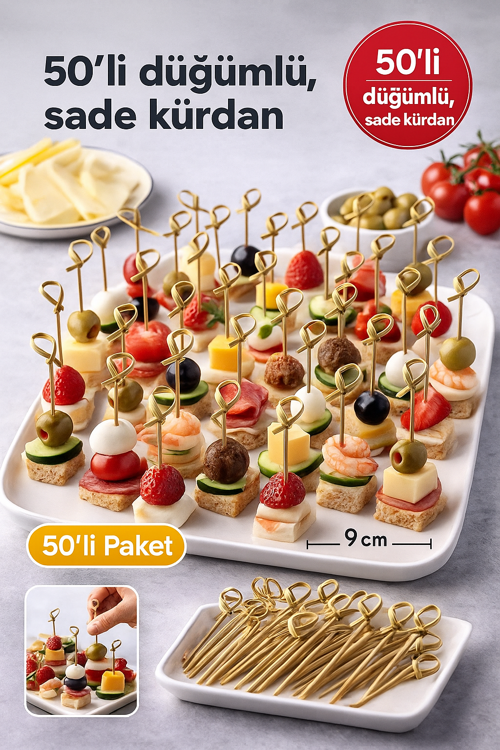 50’li Kahve Düğümlü Bambu Kürdan 9 cm – Parti Sunum, Kokteyl, Kanepelik Doğal Servis Çubuğu