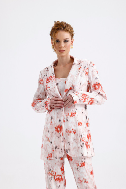 İci Astarlı Desenli Abiye Pul Payet Ceket | Ckt34264 Beyaz Oranj Batik