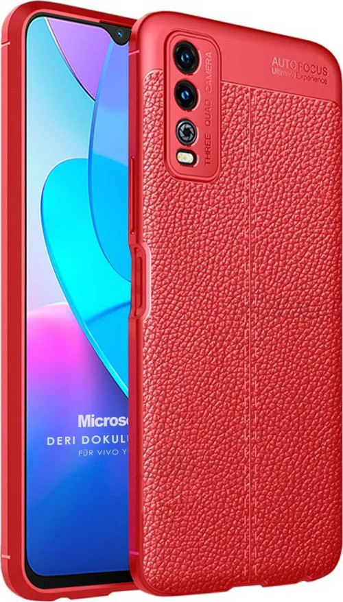 Vivo Y11s Kılıf Deri Dokulu Silikon Kırmızı